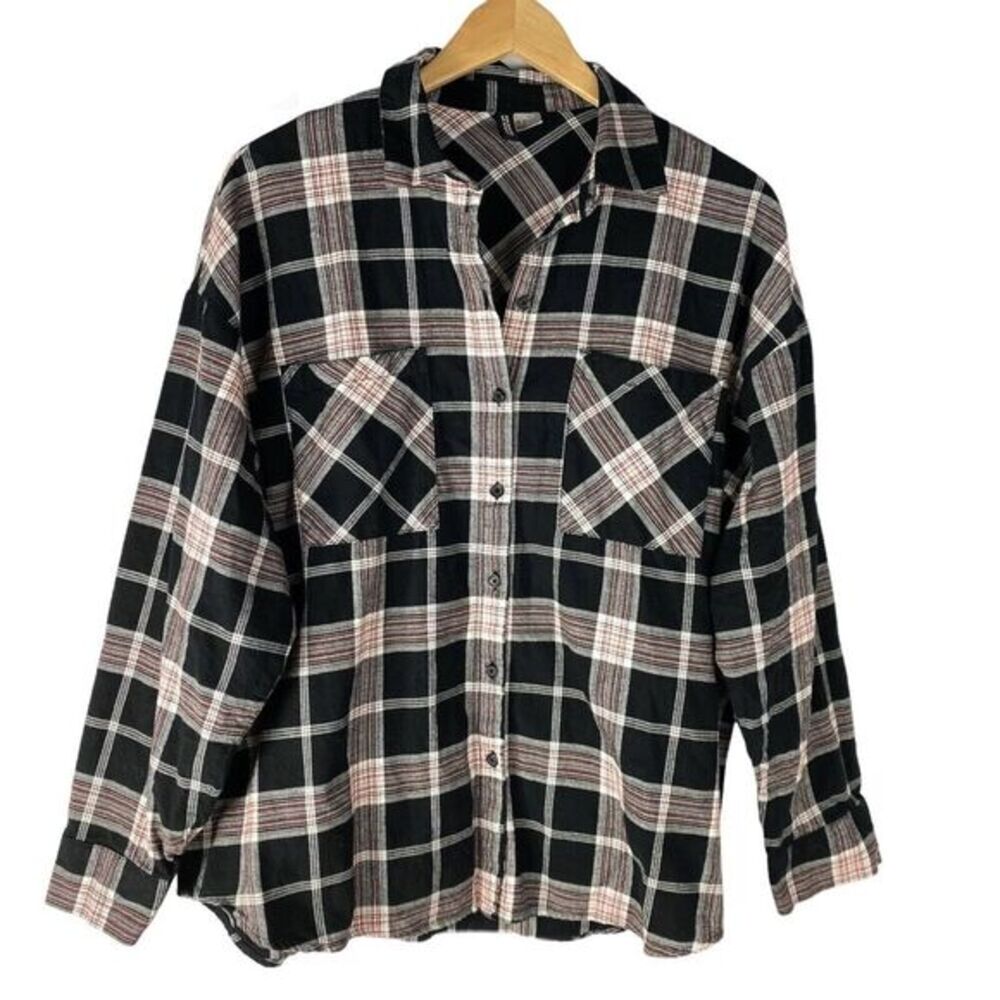 H&M Divided‎ Boyfriend Shirt Women S Black Plaid Western Cowgirl Button Up NEW